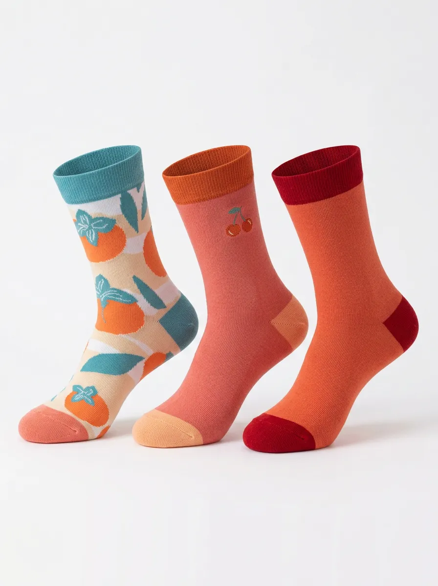 Fruit Pattern Embroidered Detail 3-Pair Mid-Calf Athletic Socks