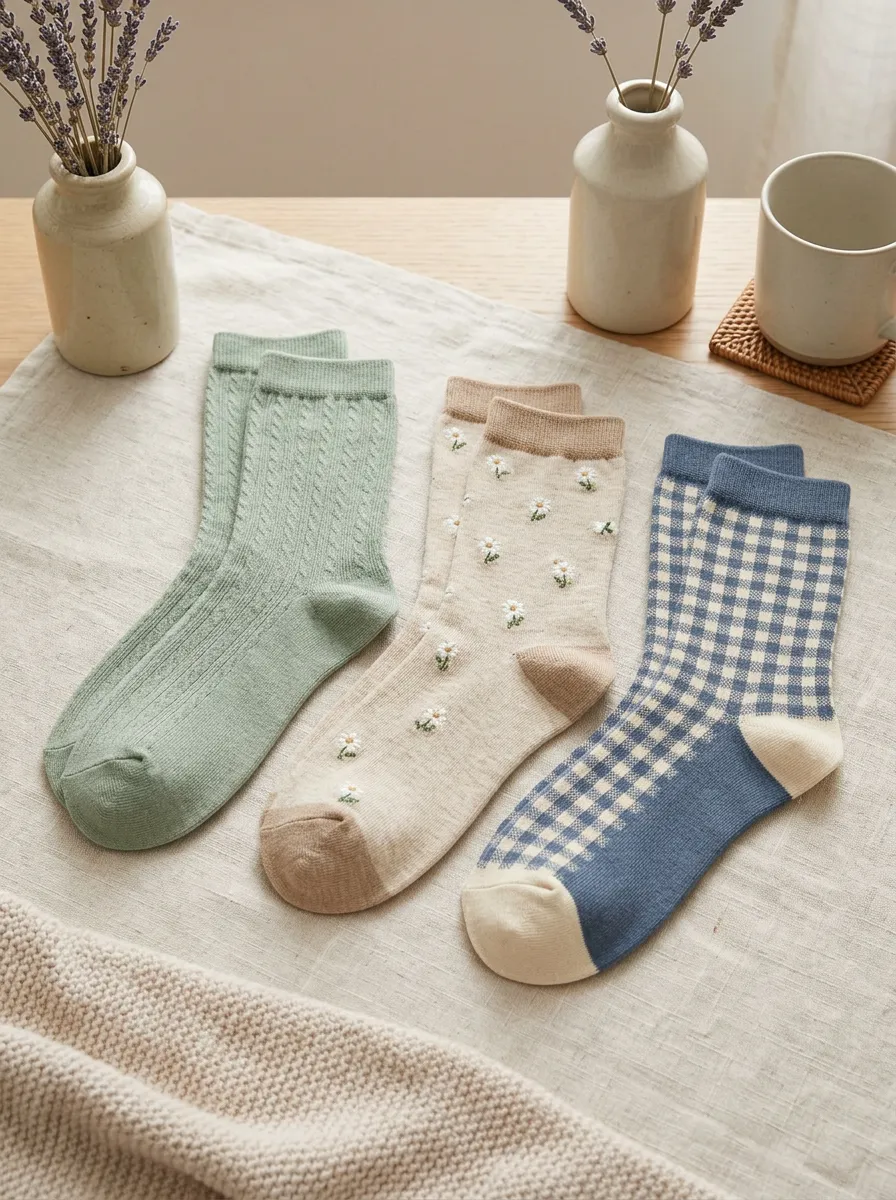 Women's Floral Gingham Cable Knit Printed Socks 3-Pack
