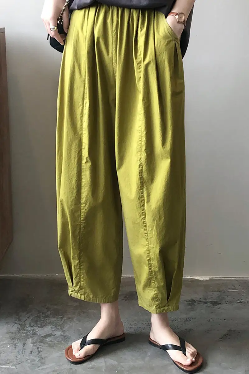 Refined Cotton Wide Leg Elastic Waist Pocketed Trousers