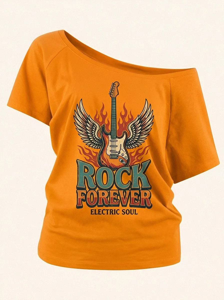 Women's Rock Music Lover Winged Electric Guitar Printed Top
