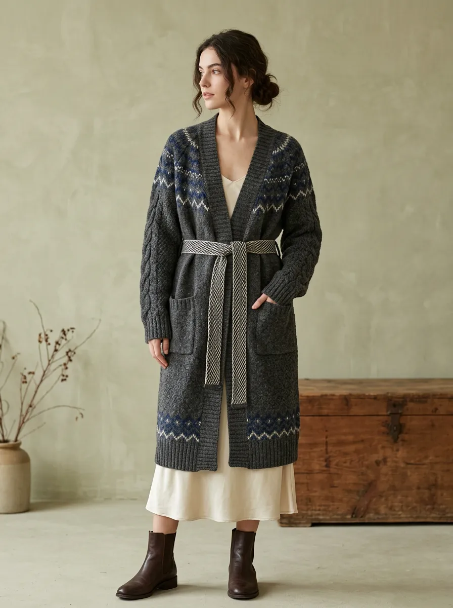 Women's Winter Casual Nordic Pattern Knitted Belted Cardigan