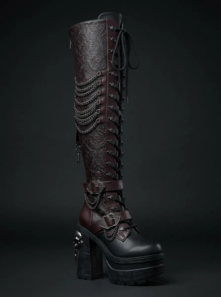 Gothic Revival Skull Chain Embossed Street Look Women's Gothic Platform Boots