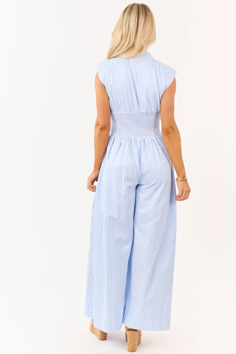 Powder And Striped Smocked Waist Jumpsuit