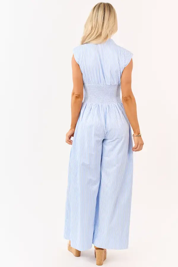 Powder And Striped Smocked Waist Jumpsuit
