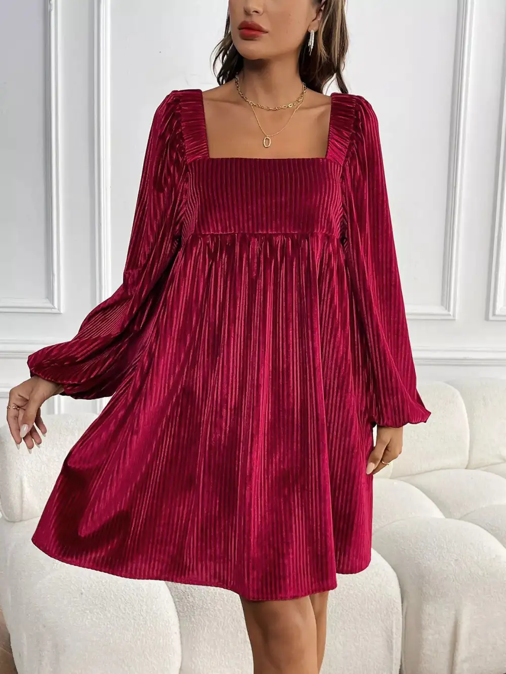 Soft Touch Velvet Square Neck Long Sleeve Dress