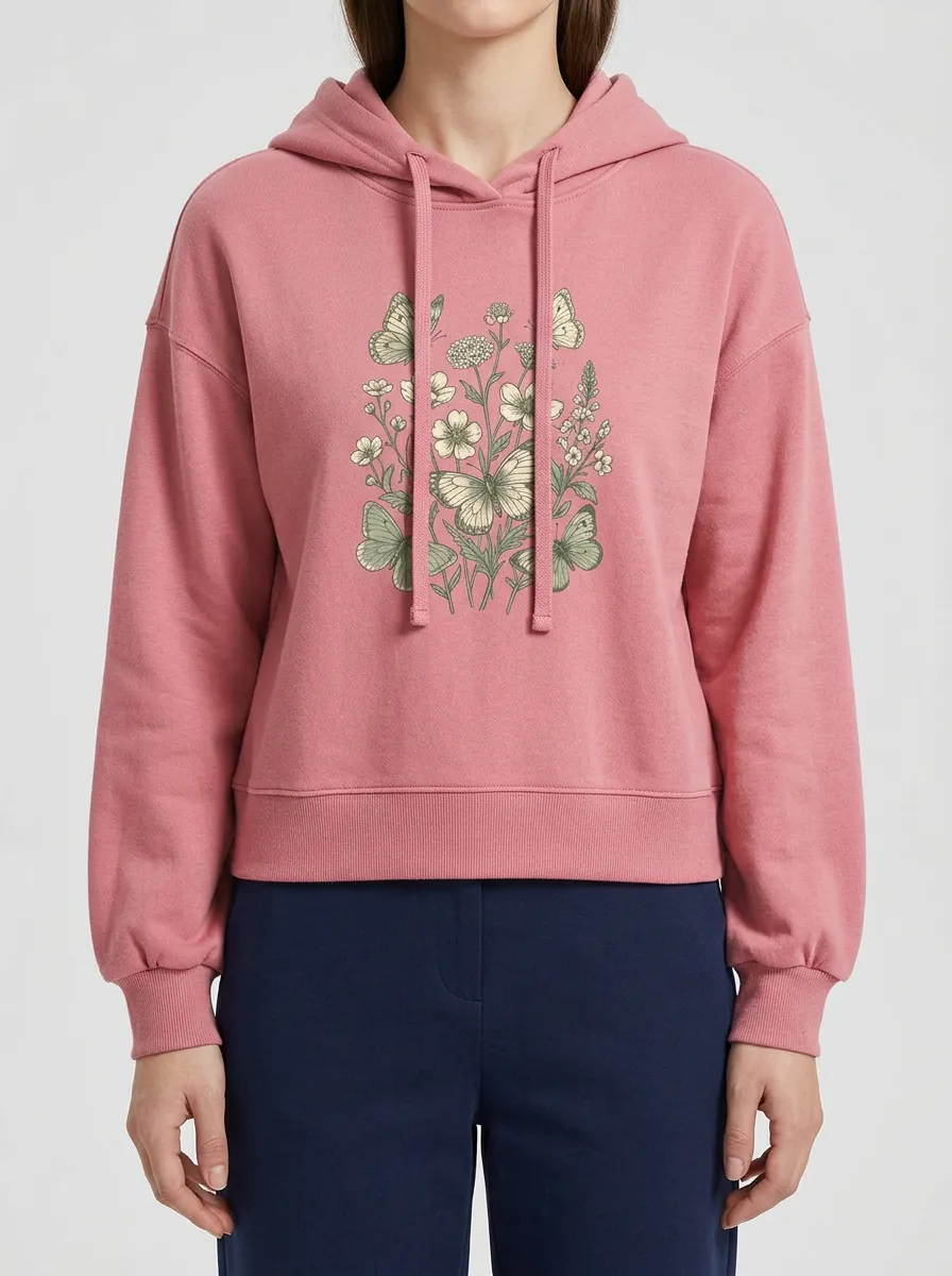 Women's Hooded Drawstring Graphic Floral-Motif Rib-Trim Hoodie
