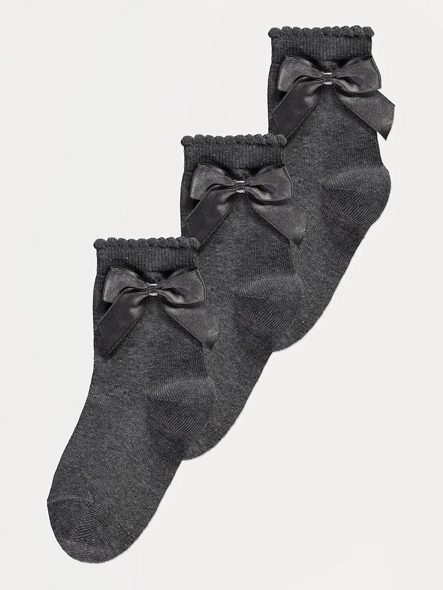 Grey Bow Cotton Rich Ankle Socks 3 Pack