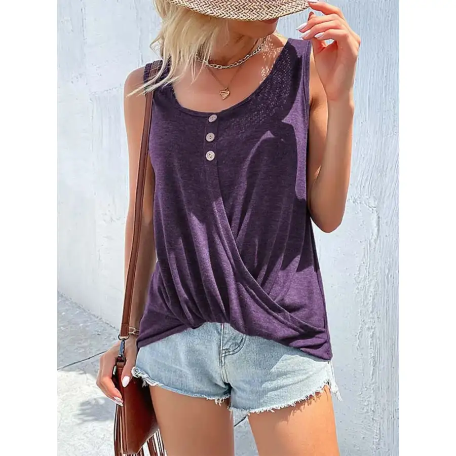 Full Size Decorative Button Round Neck Tank