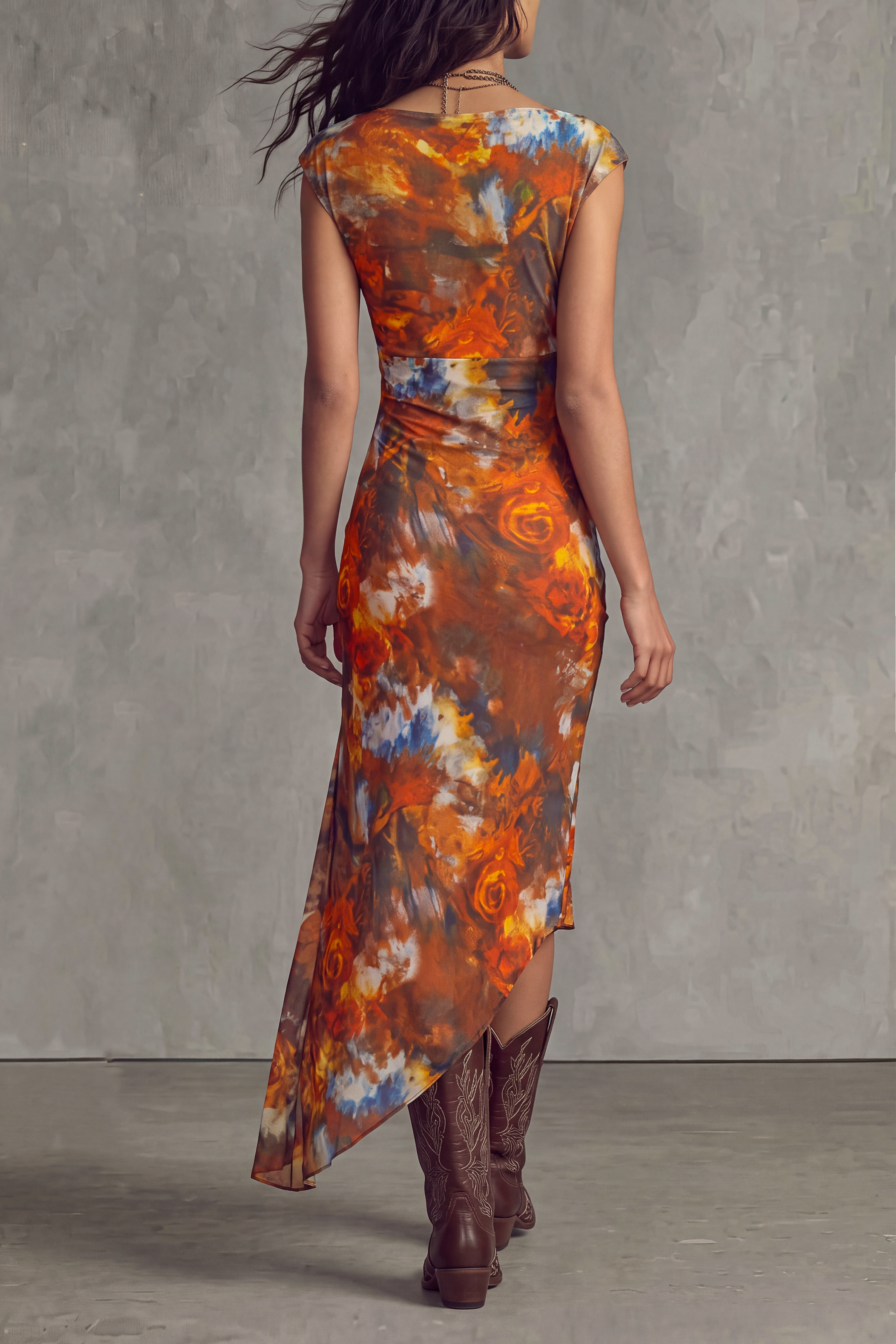 V Neck Ruched Floral Midi Dress