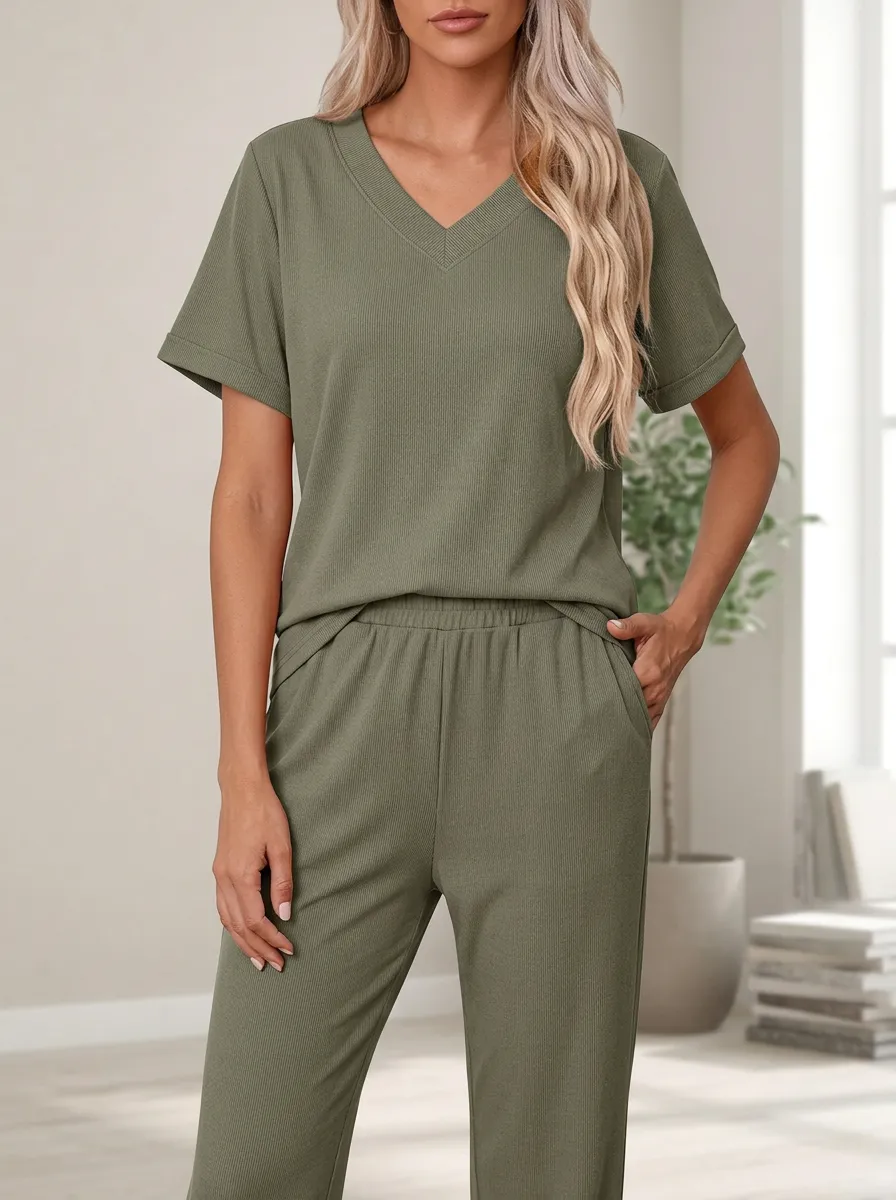 Short-Sleeve Ribbed Knit Women's V-Neck Shirt