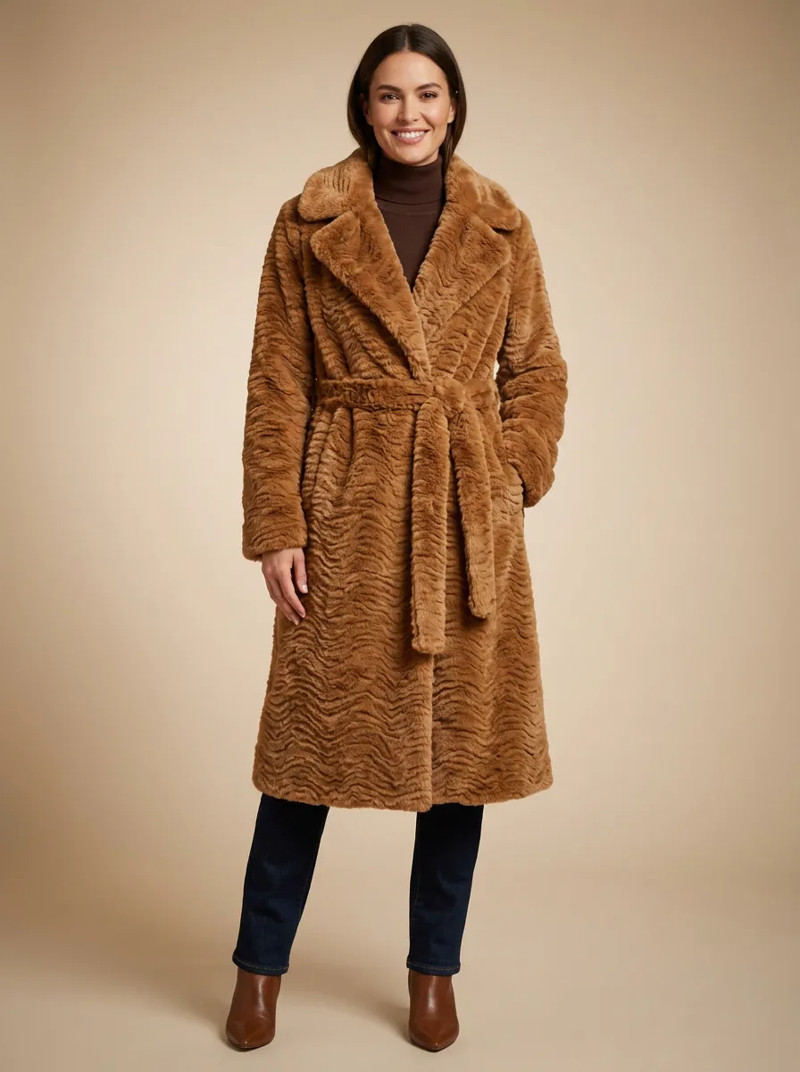 Wavy Texture Belted Faux Fur Coat