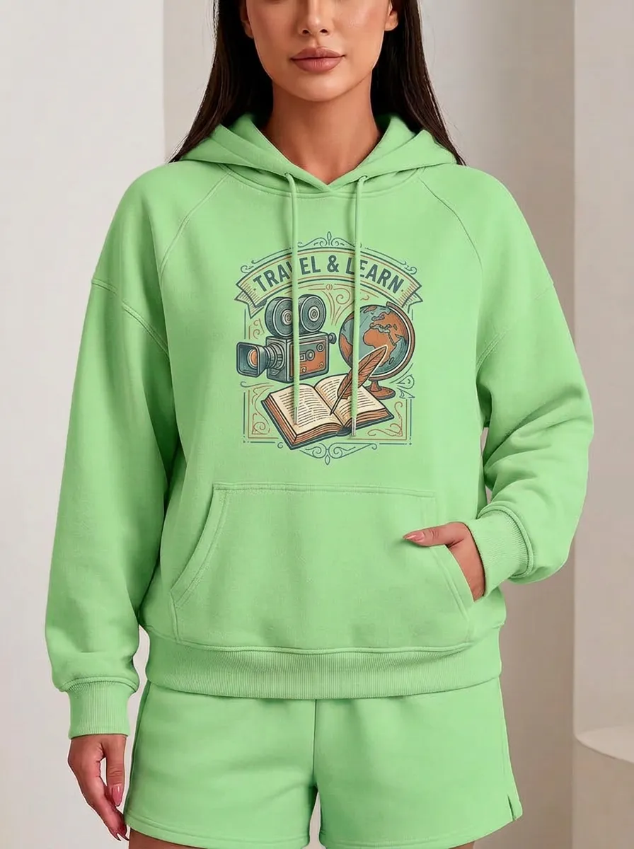 Women's Travel and Learn Globe Camera Book Printed Hoodie