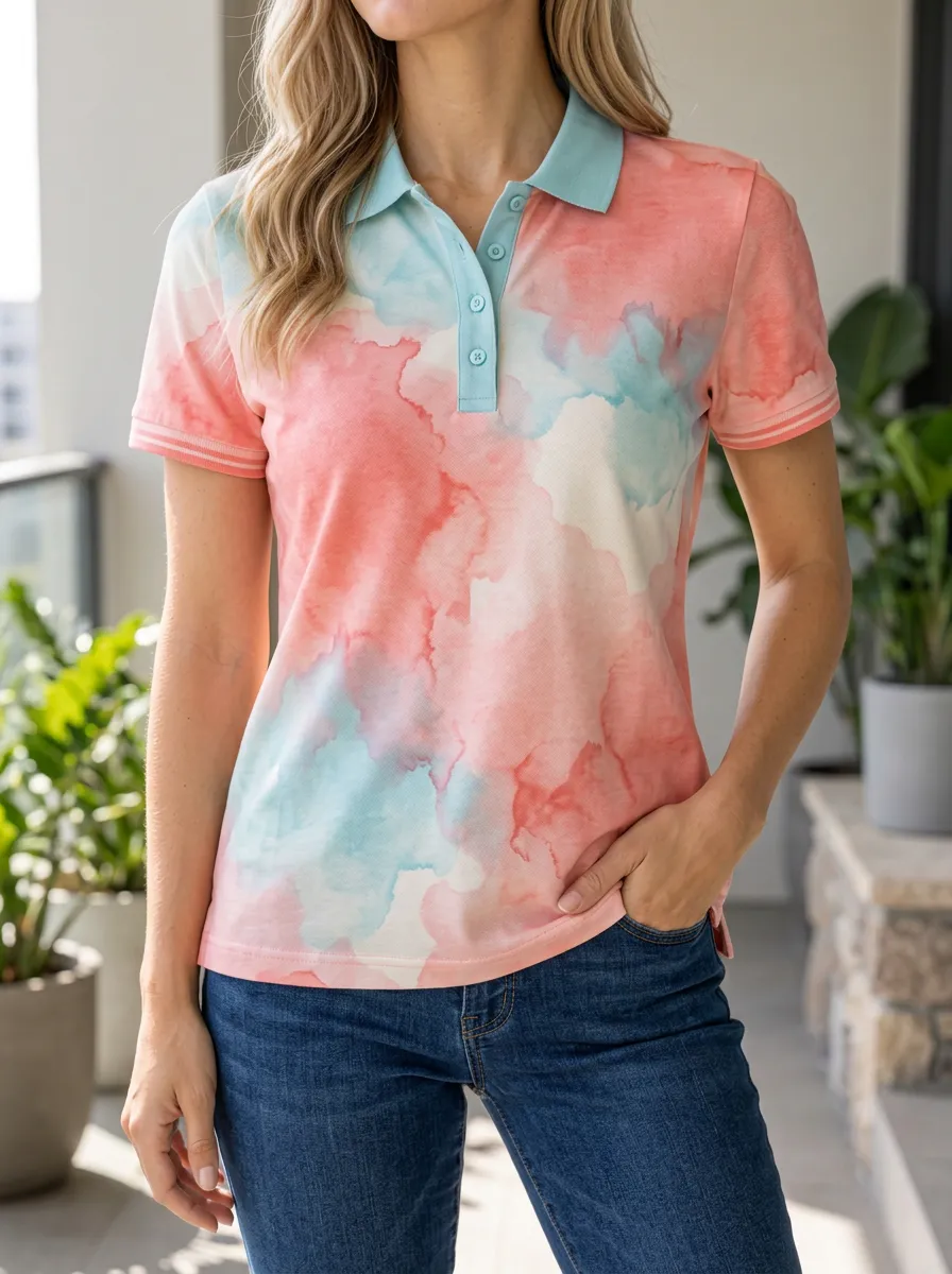 Women's Classic Watercolor Tie-Dye Polo Shirt