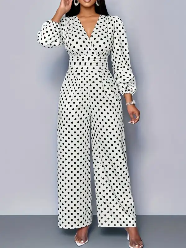 Polka Dot Long Sleeve Wide Leg Jumpsuit