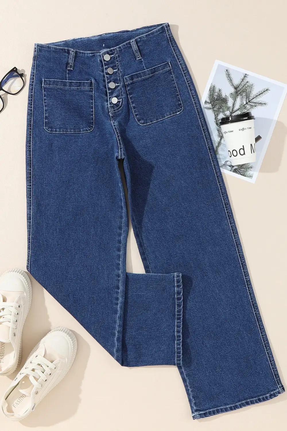 Women's High Waist Button Front Wide Leg Cropped Jeans
