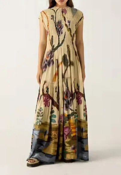 Pleated Print Maxi Dress
