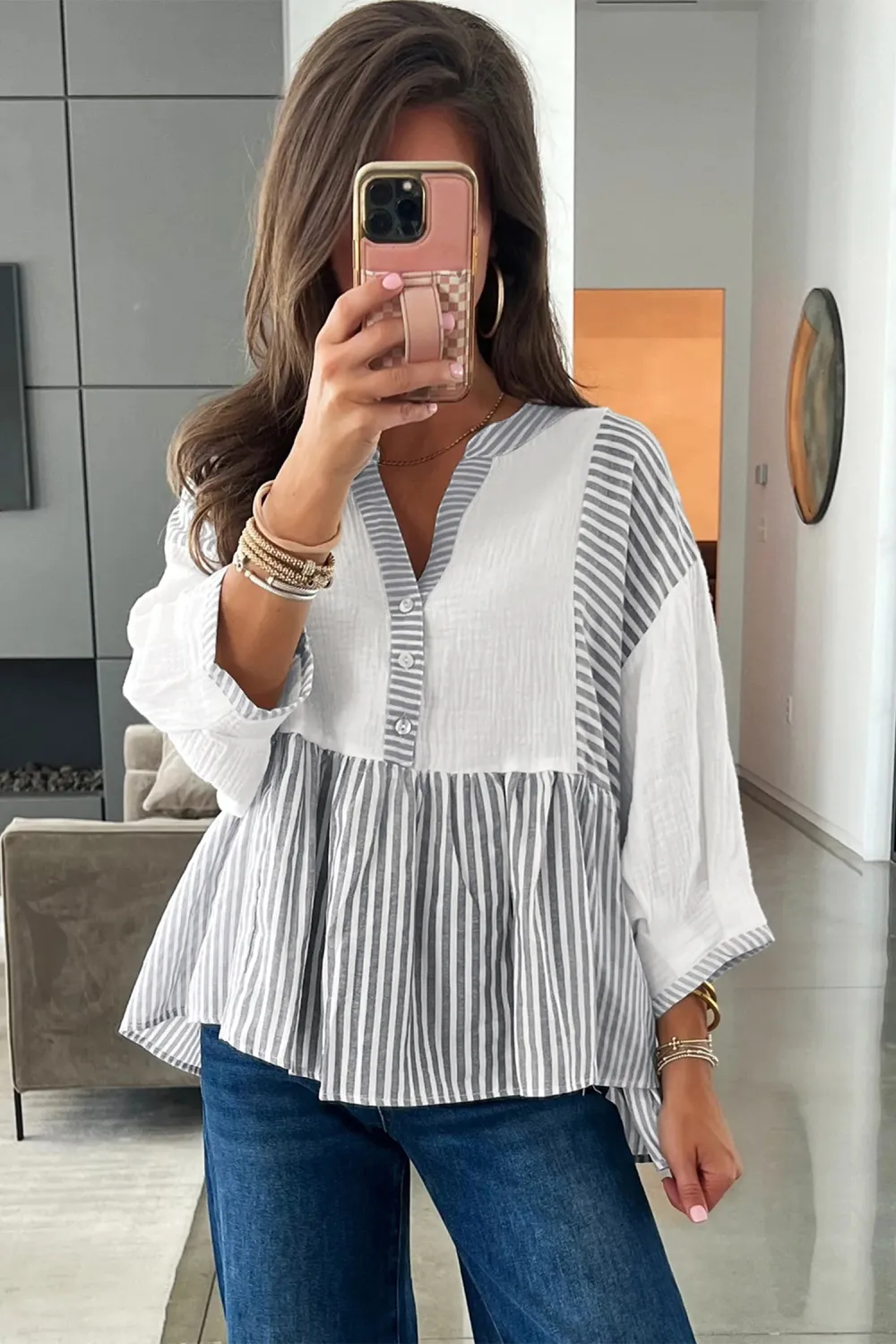 Gray Stripe Half Button Gauze Blouse
