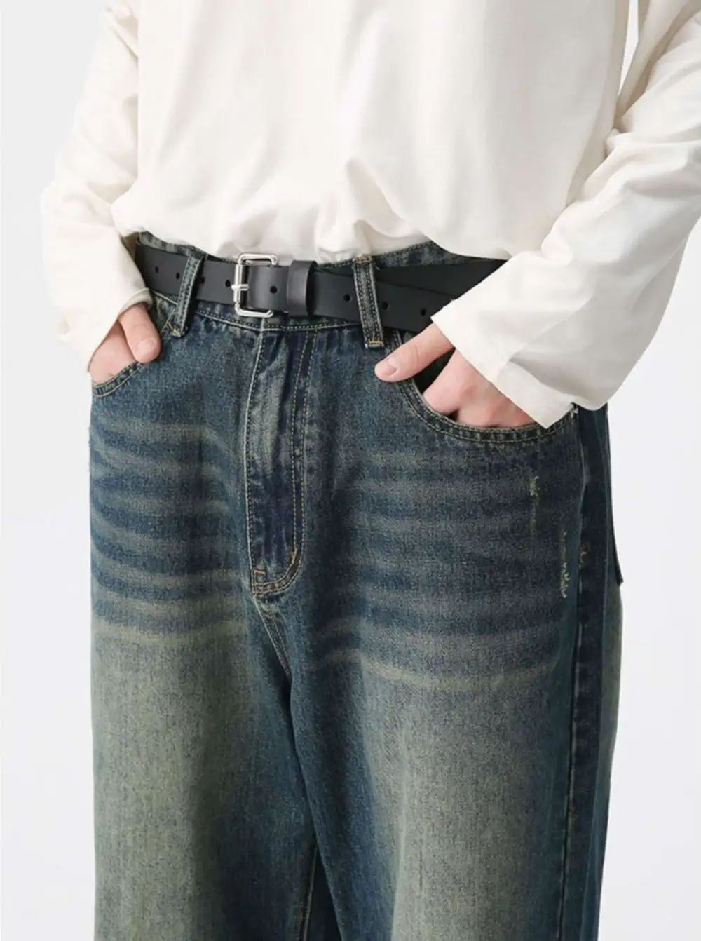 Wide-Leg Vintage-Wash Two-Tone Jeans