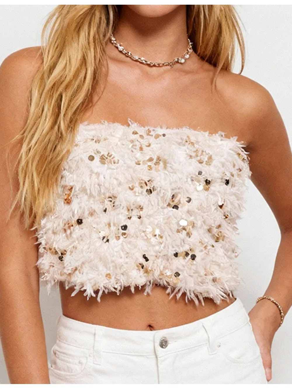 Chic Faux Fur Shiny Sequin Crop Tube Top