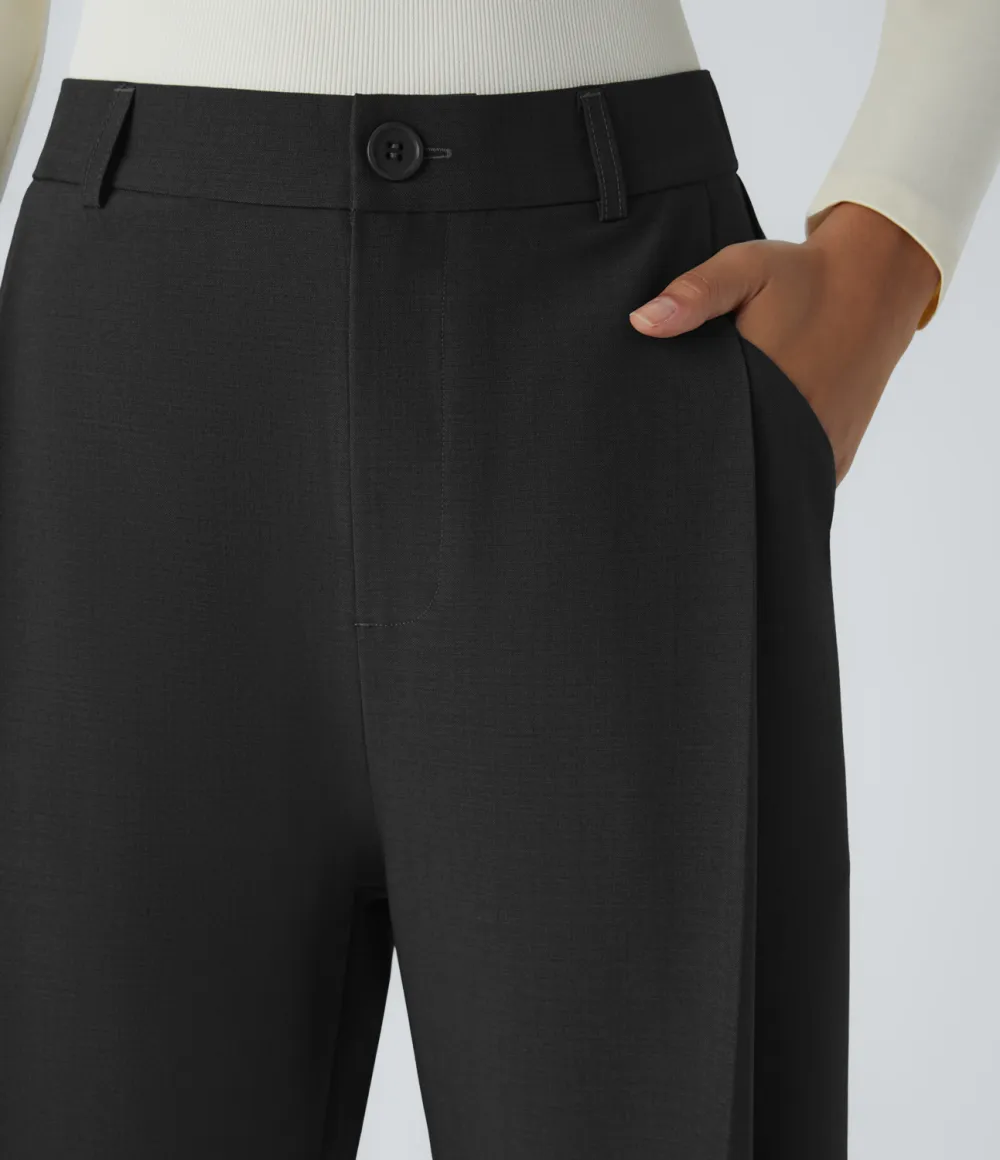 High Waisted Pleated Side Pocket Wide Leg Work Pants