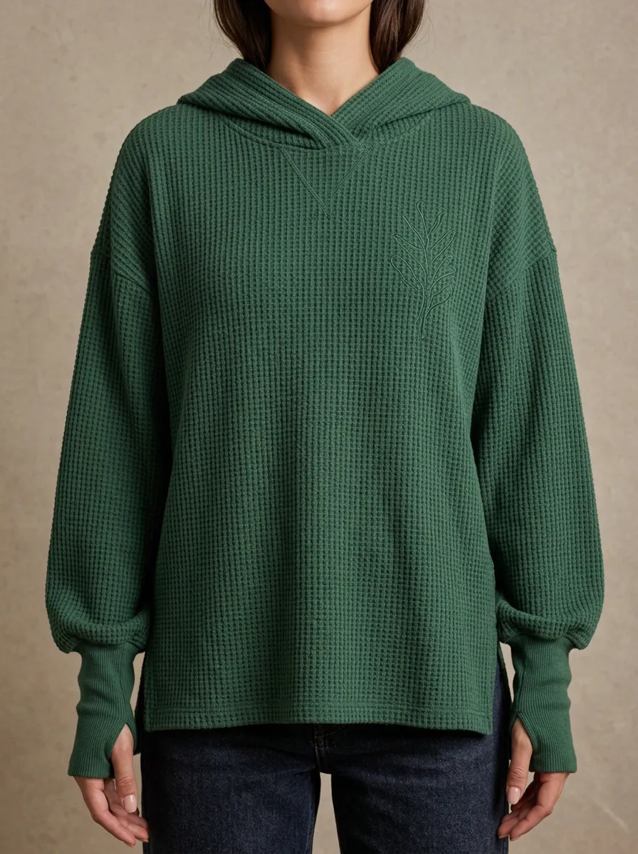 Women's Leaf Embroidery Waffle Knit Hooded Top