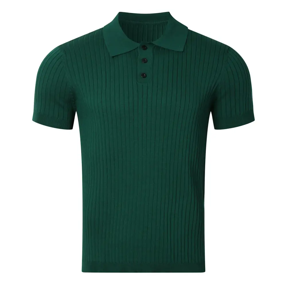 Sporty Ribbed Short Sleeve Fine Knit Polo Shirt