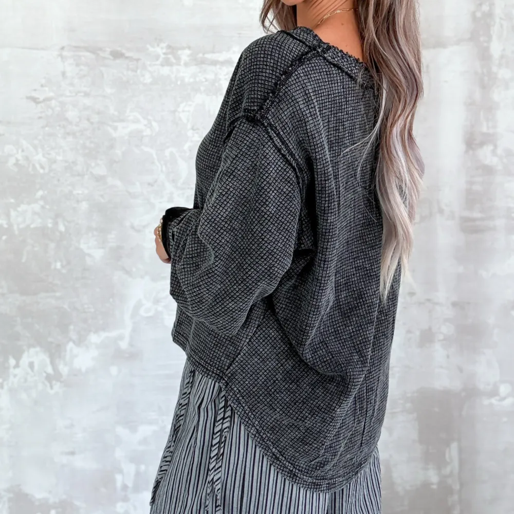Waffle-Knit V-Neck Long-Sleeve Woven Top