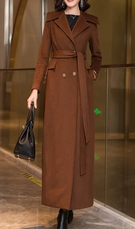 Classic Wool Blend Fit and Flare Double Breasted Belted Pocketed Coat