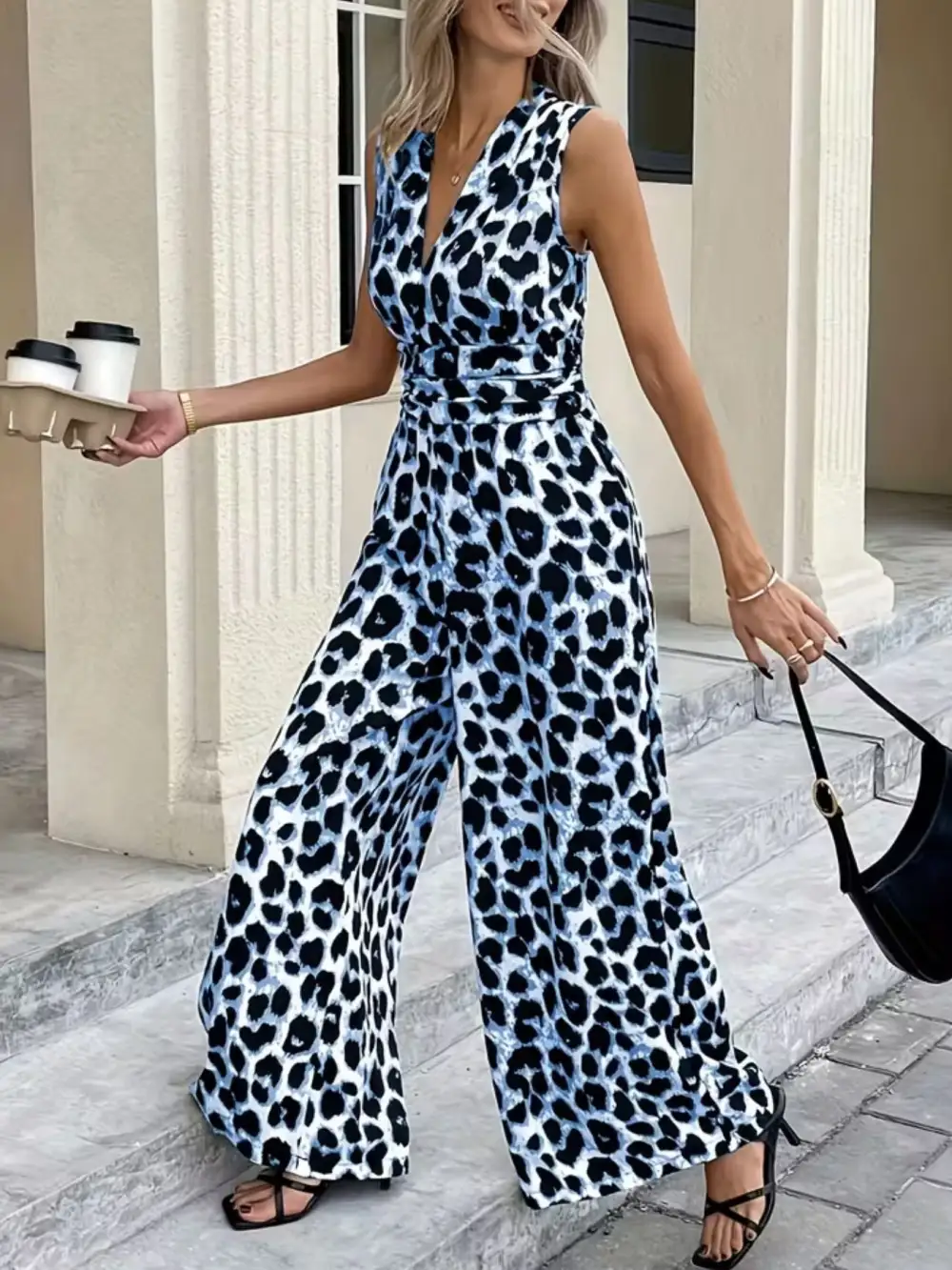 Sleeveless V Neck Leopard Print Wide Jumpsuit