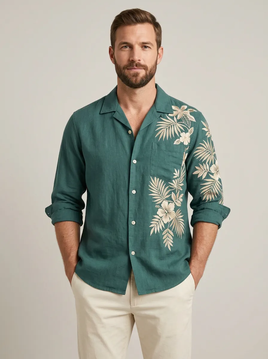 Men's Resort Inspired Floral Palm Printed Linen Shirt