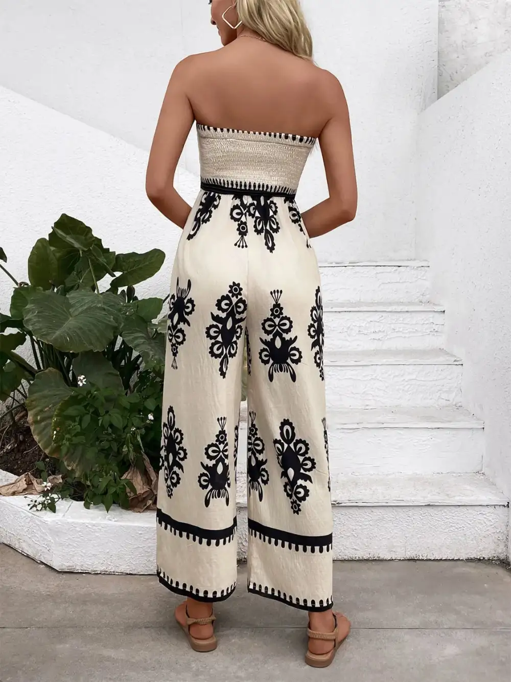 Smocked Printed Wide Leg Everyday Jumpsuit