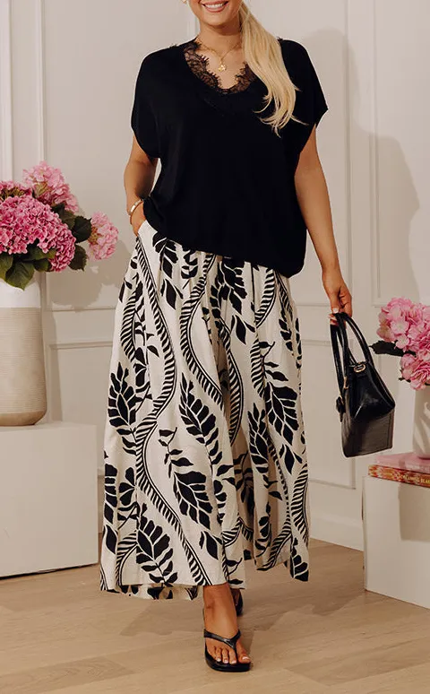 High Waist Wide Leg Floral Elastic Waist Pants
