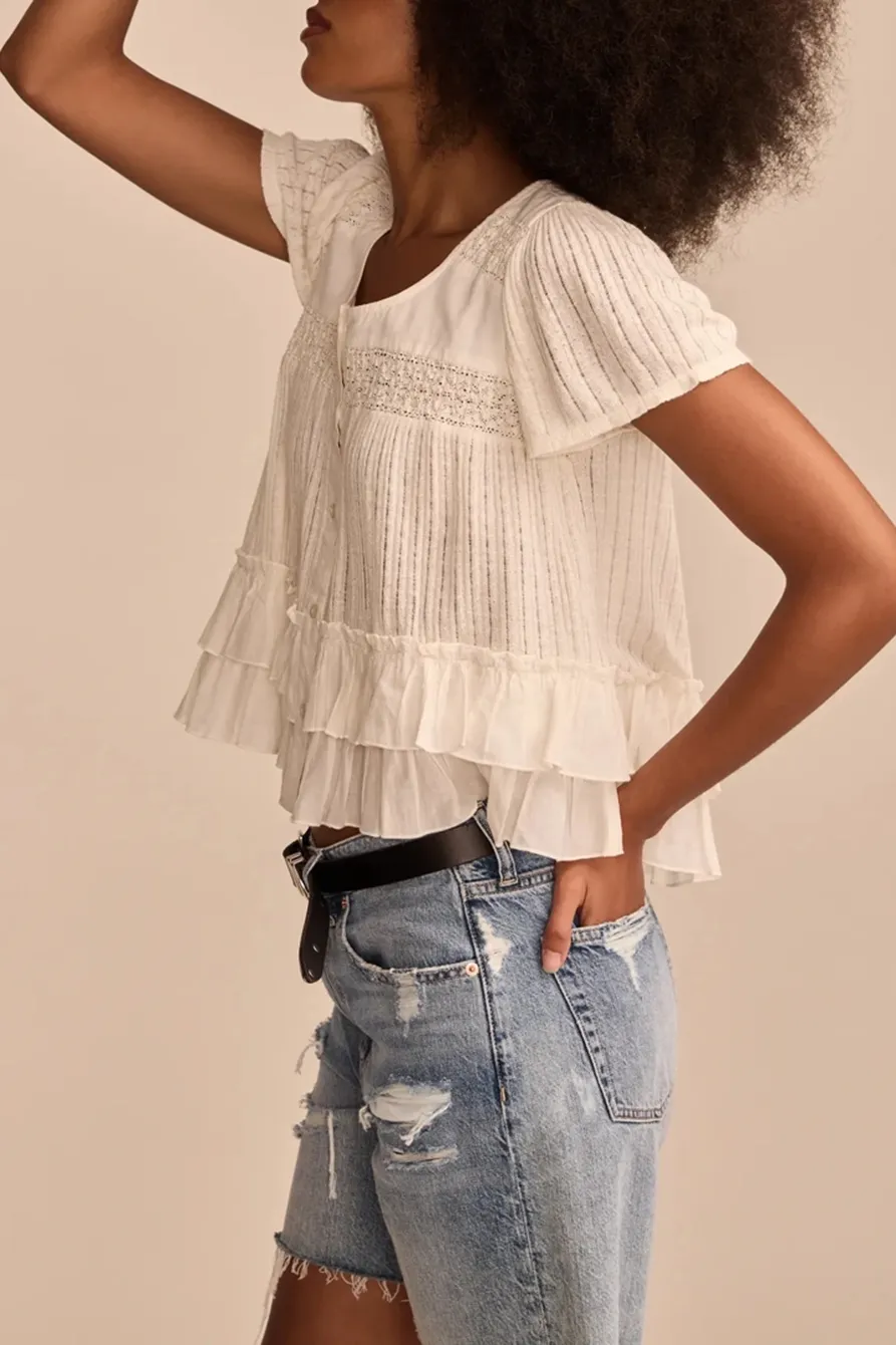 White Smocked Lace Tee