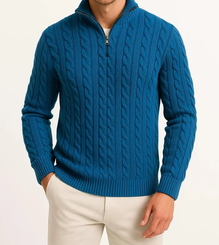 Zip-Neck Cable Knit Sweater
