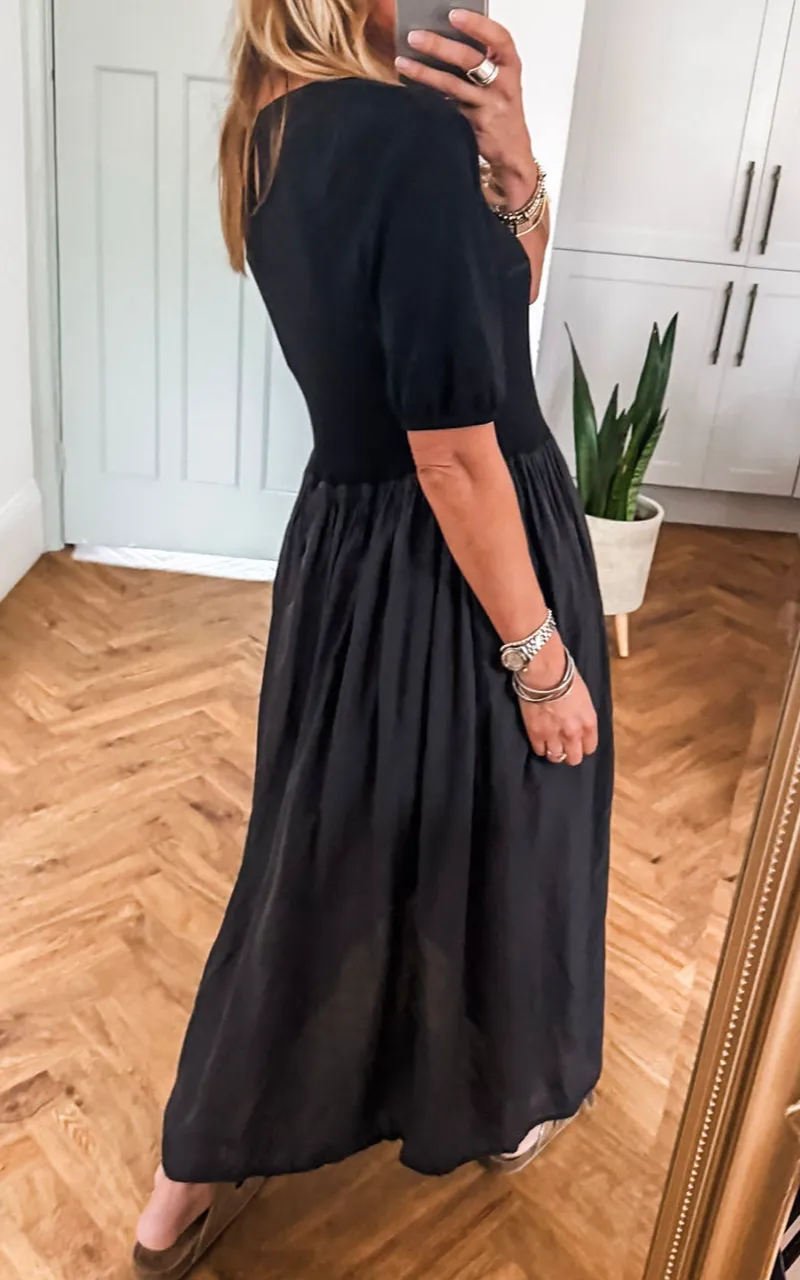 Short Sleeve Knit Top Patchwork Pleated Long Dress