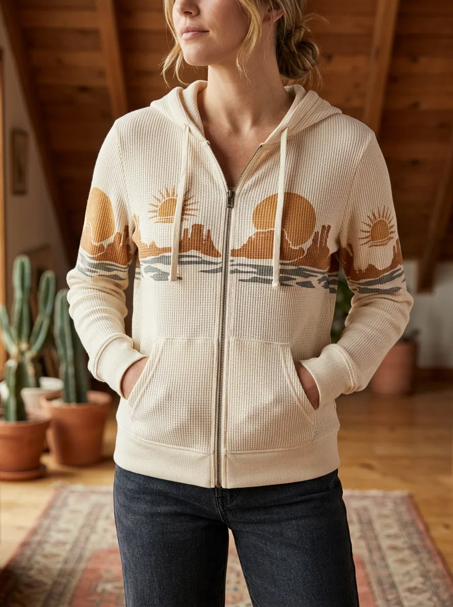 Women's Desert Sunset Landscape Printed Waffle Knit Zip Hoodie