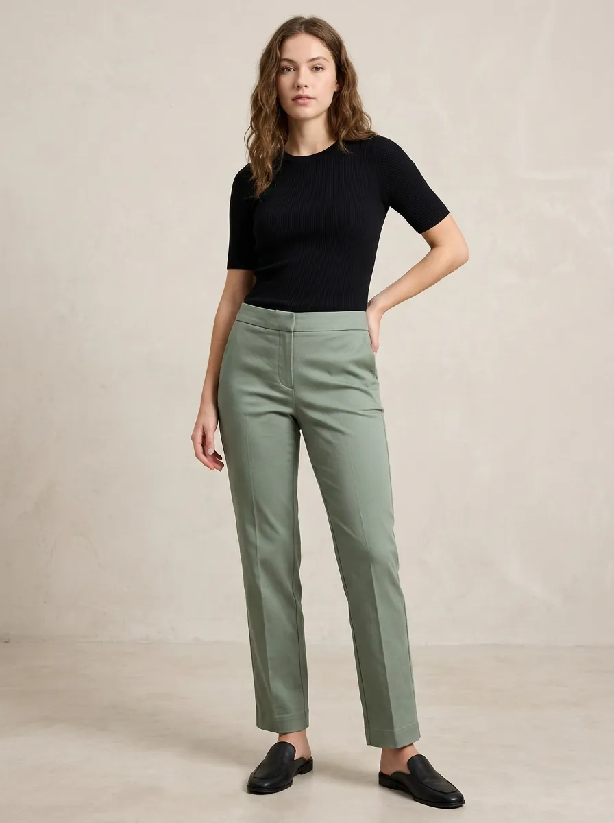 Women's Casual Sage Green Solid Color Slim Fit Trousers