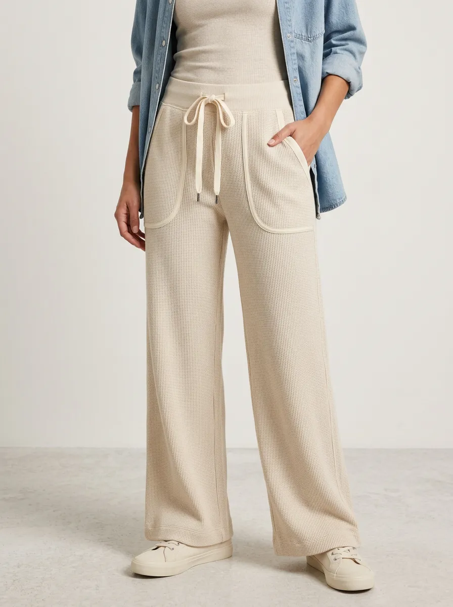 Women's Casual Lounge Waffle Knit Drawstring Wide Leg Pants