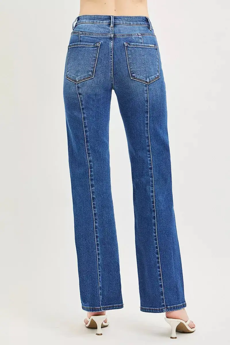High Rise Patch Pocket Straight Leg Jeans