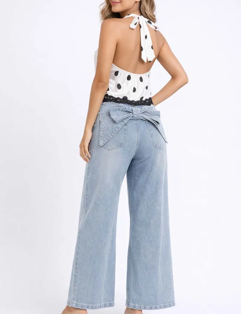 Chic Polka Dot Lace Back V Neck Sleeveless Top