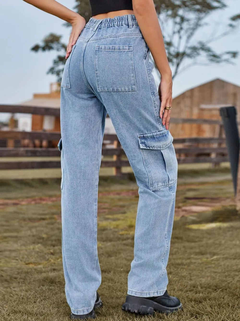 Relaxed High Waist Cargo Denim Jeans
