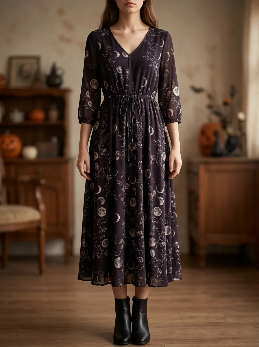 Women's Halloween Witchy Moon Phase Floral V-Neck Midi Dress