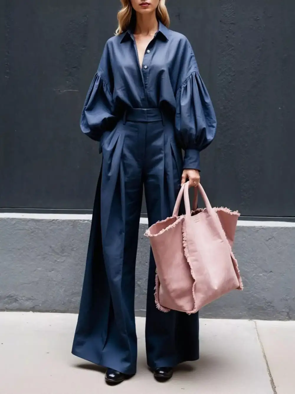 Lantern Sleeve Shirt and Wide Leg Pants Set