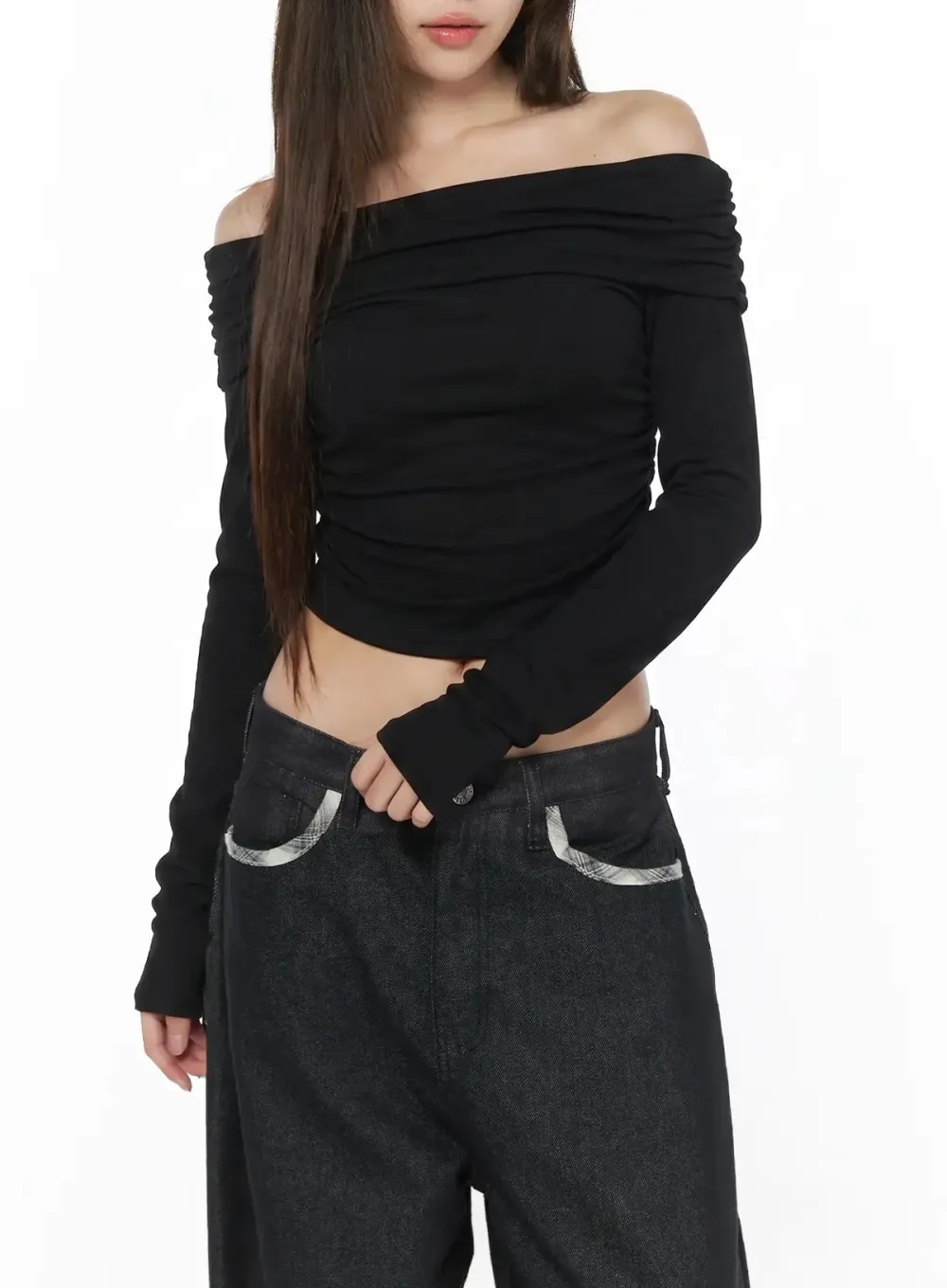 Ruched Off-The-Shoulder Long Sleeve Top