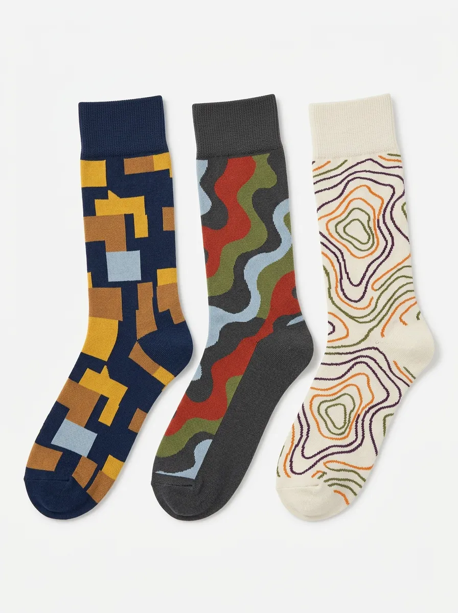 Men's Topographic Lines Artistic Motif Crew Sock Trio
