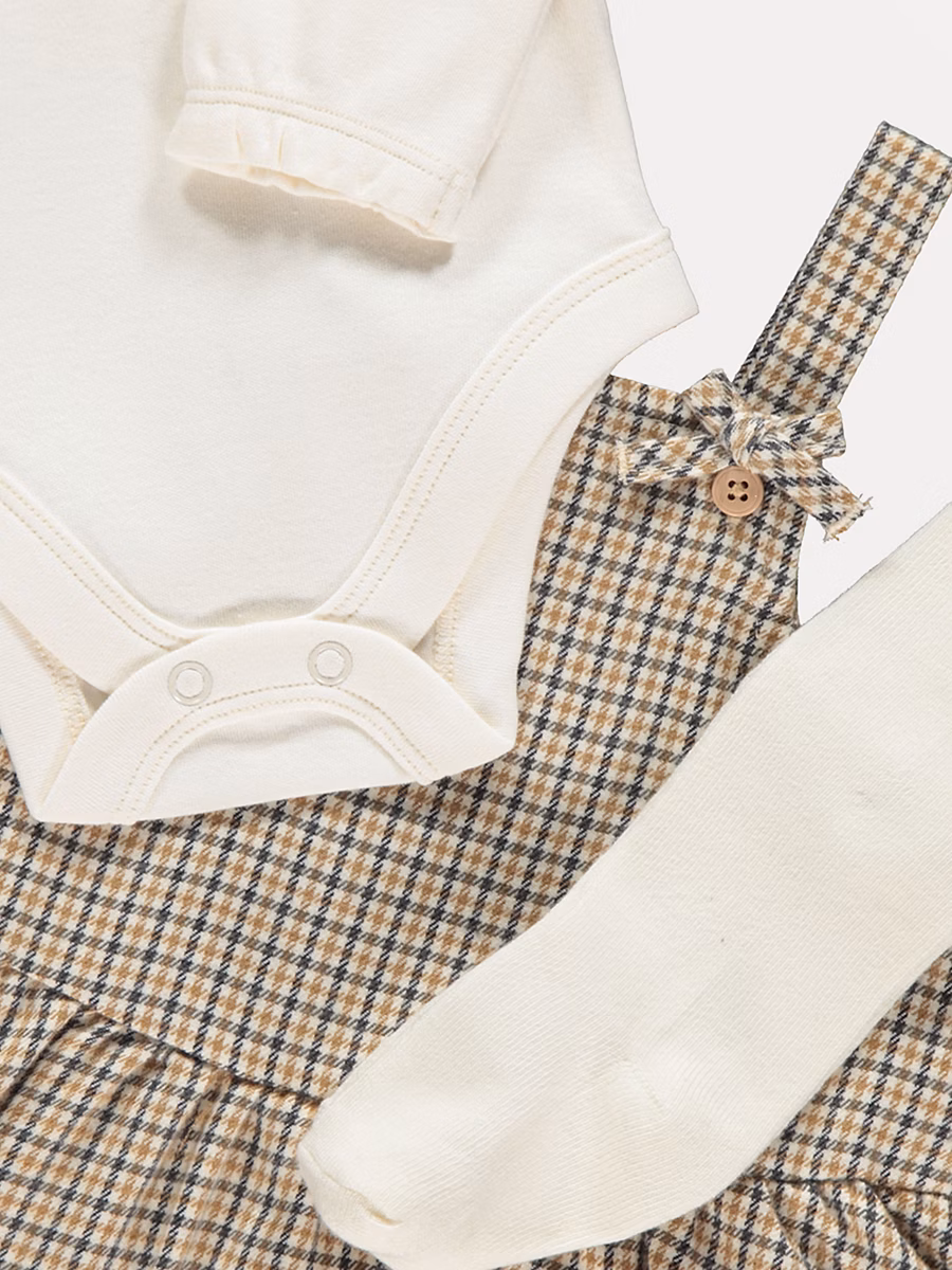 Mustard Check Pinafore and Bodysuit Outfit with Tights detail 1