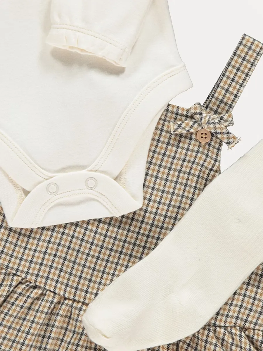 Mustard Check Pinafore and Bodysuit Outfit with Tights