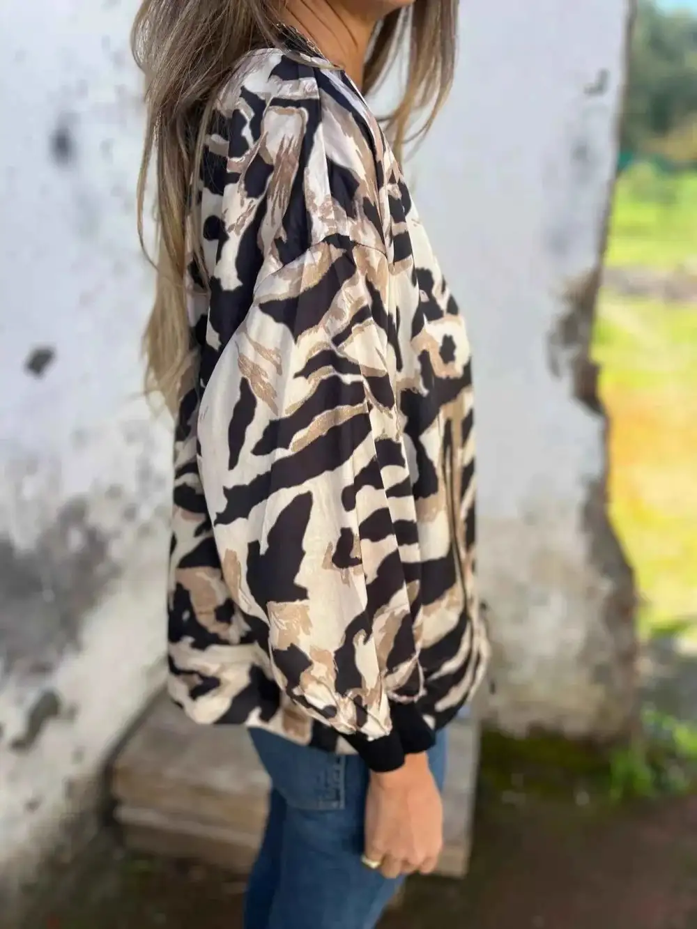 Plus Size Zip-Up Zebra Printed Bomber Jacket