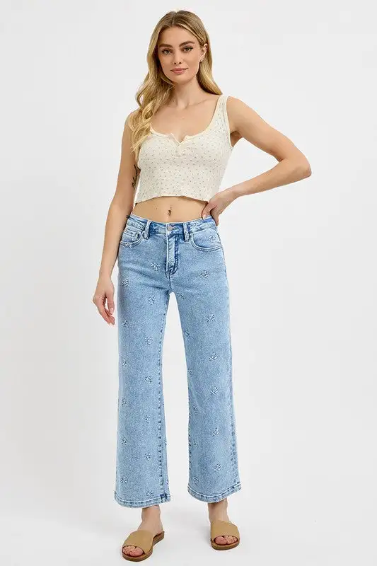 High Rise Crop Embroidered Jeans