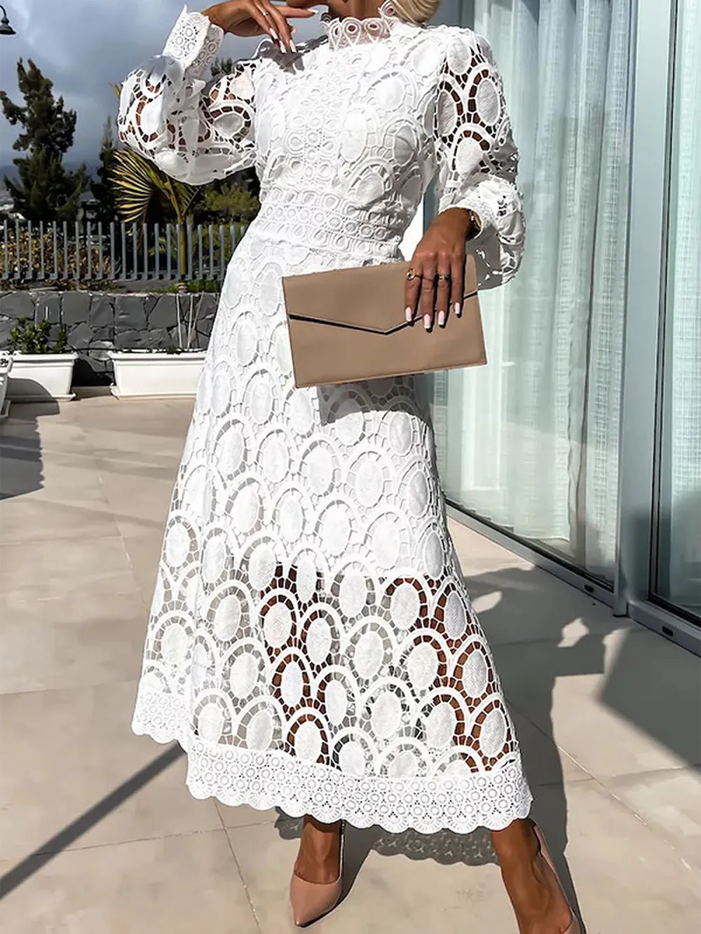 Boho Eyelet Mock-Neck Long-Sleeve Evening Maxi Dress